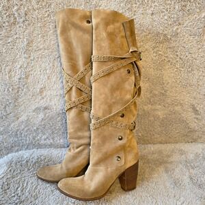 $750 CO-OP Barneys New York Studded Suede Wrap Leather Above Knee Boot Eu 37.5 7